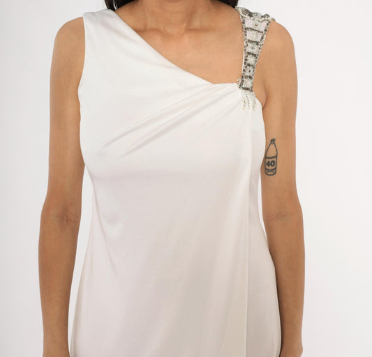 70s White Maxi Gown Asymmetrical Neckline Beaded Crystal Strap Small
