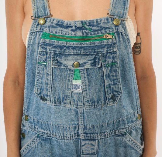 90s Liberty Denim Bib Overalls Green Zipper Distressed Workwear Medium
