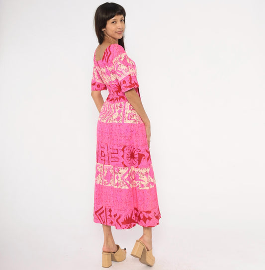 70s Holiday Sportswear Hot Pink Batik Maxi Dress Bell Sleeve Square Neck XS