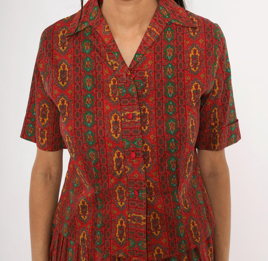 60s Medallion Print Two Piece Set Red Green Cotton Blouse Pleated Skirt Small