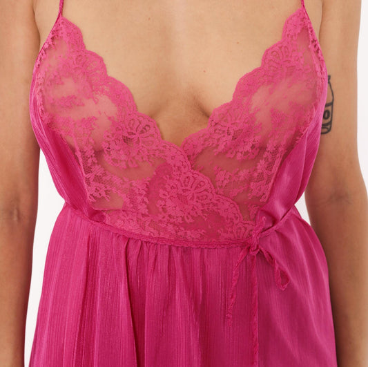 70s Pollinaise Hot Pink Lace Maxi Nightgown Spaghetti Strap Empire Waist Large L