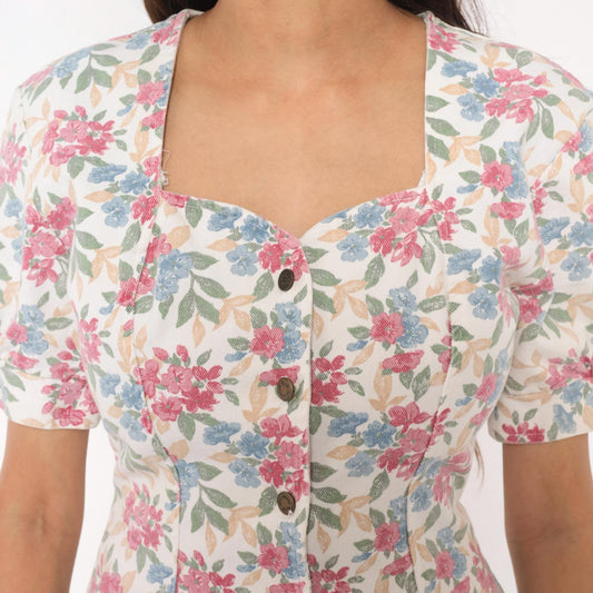 90s Hollywood Blvd Floral Mini Dress Sweetheart Puff Sleeve Cotton Small