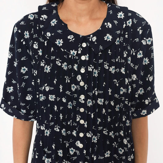 90s Kathie Lee Navy Floral Midi Dress Peter Pan Collar Pintuck Bodice Large L