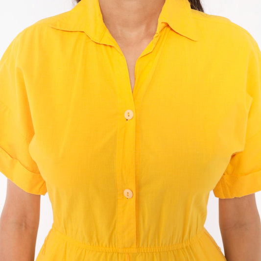 80s Laine Yellow Cotton Shirtdress Midi Collar Pockets Extra Small XS