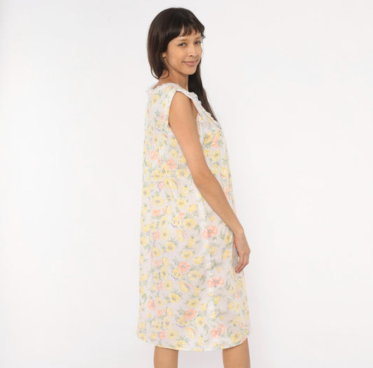 80s Floral Anemone Cotton Nightgown White Lace V-Neck Knee Length Medium M