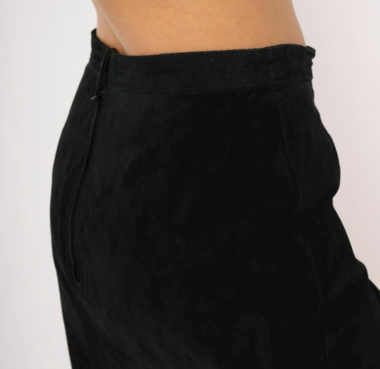 90s Black Suede Pencil Skirt High Waist Knee Length Medium M