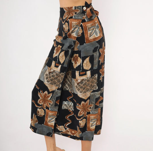 90s Abstract Botanical Wrap Skirt Black Patchwork Midi Small S