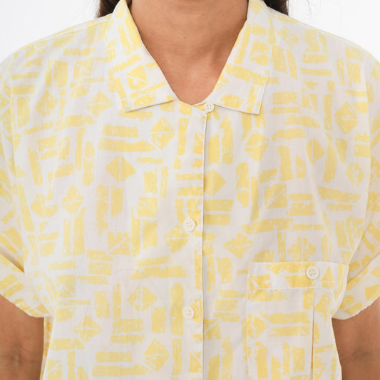 90s Golden Wings Abstract Geometric Shirt Yellow White Collared Blouse Large L