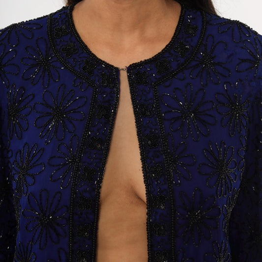 90s Stenay Silk Cropped Jacket Navy Beaded Floral Sequin Small