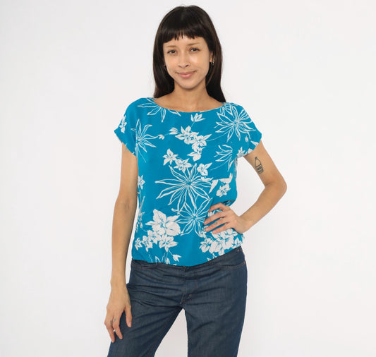 80s Charlie Tropical Floral Blouse Cobalt Blue Cap Sleeve Rayon Medium
