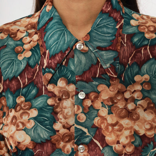 70s Grape Vine Button Blouse Burgundy Teal Pointed Collar Long Sleeve Medium