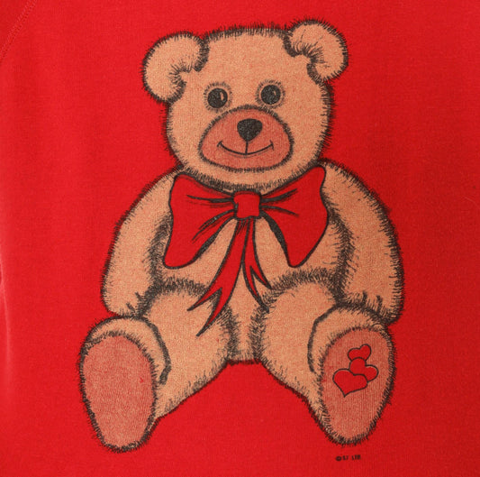 80s Teddy Bear Red Raglan Sweatshirt Graphic Crewneck Hearts Bow Medium M