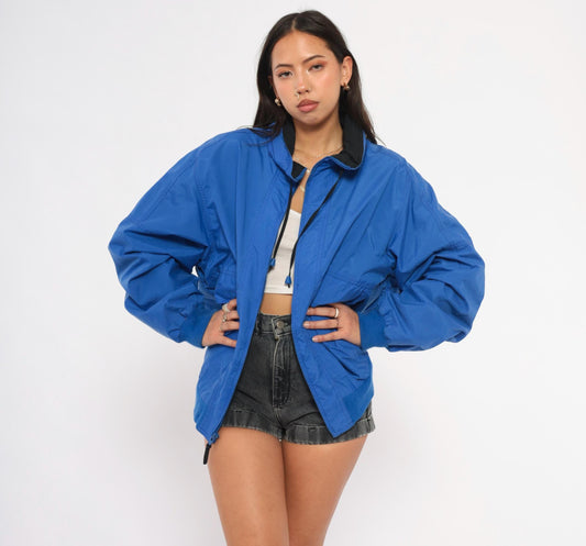 90s North Crest Cobalt Windbreaker Jacket Nylon Zip Front High Collar Large L