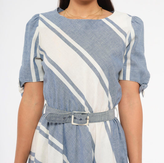 80s SL Petites Diagonal Stripe Dress Blue White Cotton Puff Sleeve Medium