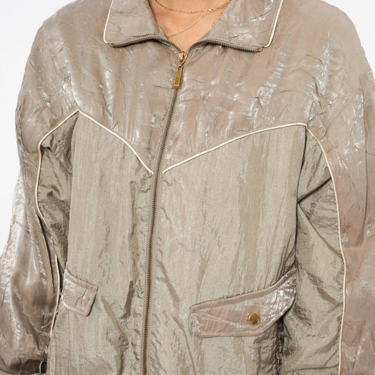 90s Cabin Creek Windbreaker Taupe Nylon Jacket Cream Piping Medium M