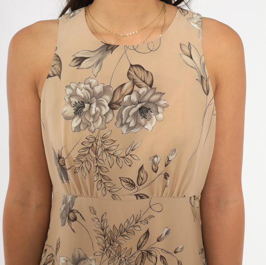 90s Byer Too! Floral Maxi Dress Beige Taupe Sleeveless Medium M