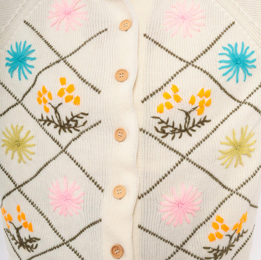 60s Embroidered Floral Cardigan Cream Knit Raglan Wooden Buttons Medium