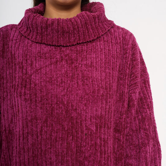 80s Knitwear Magenta Chenille Turtleneck Ribbed Knit Sweater Large L