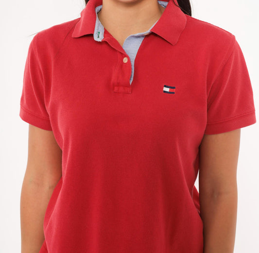 2000s Tommy Hilfiger Red Cotton Pique Polo Shirt Embroidered Flag Logo Medium M
