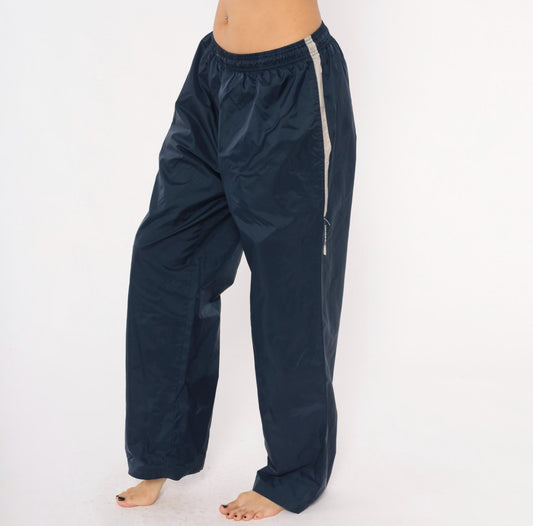 90s Reebok Navy Track Pants Nylon Elastic Waist Straight Leg Large L