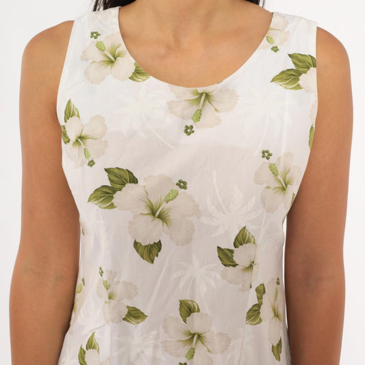 90s Pacific Legend Hawaiian Hibiscus Sundress White Cotton Knee-Length Small