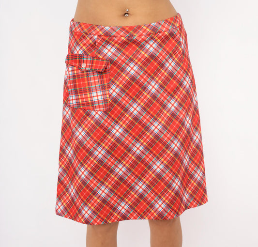70s Red Tartan Plaid Skort A-Line Knee Length Built-In Shorts Medium Large