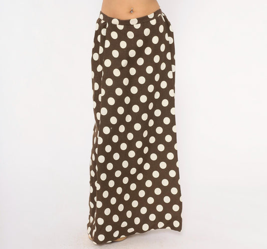70s Brown Cream Polka Dot Maxi Skirt A-Line Cotton Gathered Waist Medium