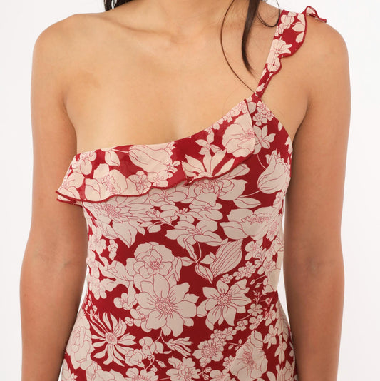Y2K Debut USA Floral One-Shoulder Dress Red Cream Knee-Length Large L