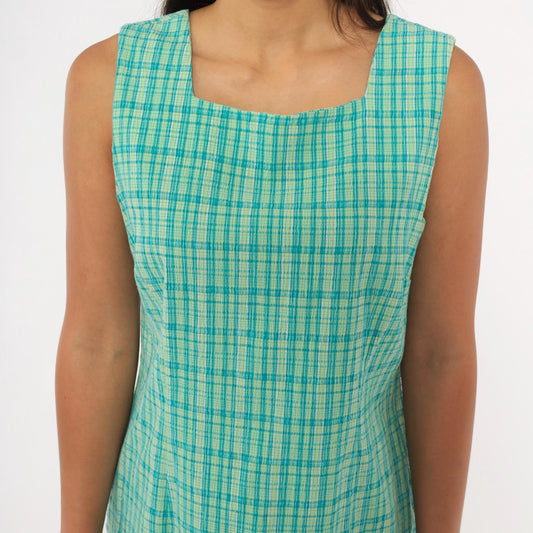 90s Elliott Lauren Plaid Shift Dress Aqua Green Check Square Neck Large L