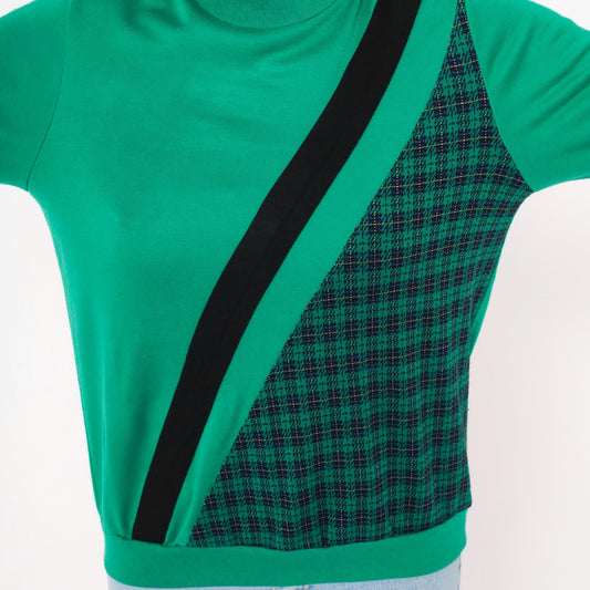 80s Alfred Dunner Mock Neck Sweatshirt Green Houndstooth Plaid Panel Small