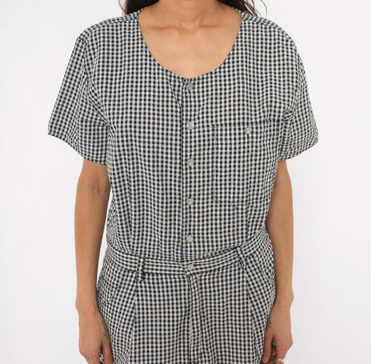 90s Lizwear Black White Gingham Cotton Jumpsuit Tapered Leg Large L