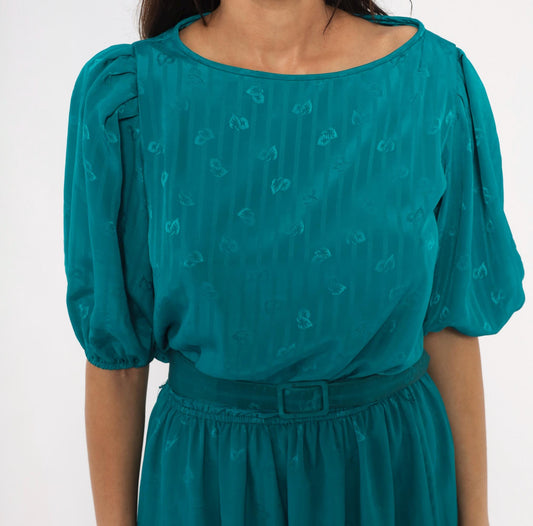 80s Liz Roberts Teal Jacquard Dress Puff Sleeve Boat Neck Knee-Length Medium