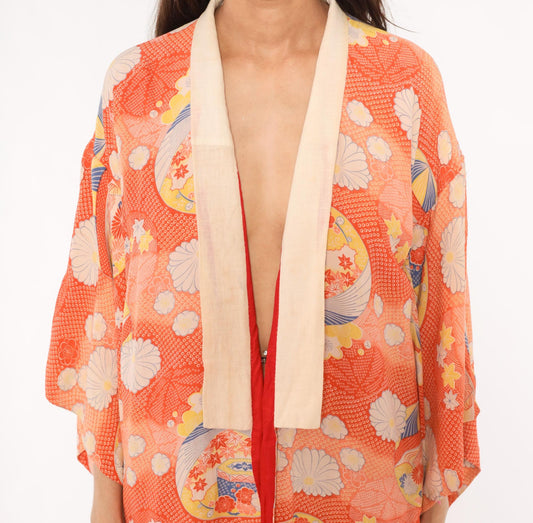 70s Japanese Silk Kimono Robe Orange Floral Chrysanthemum Midi Medium M