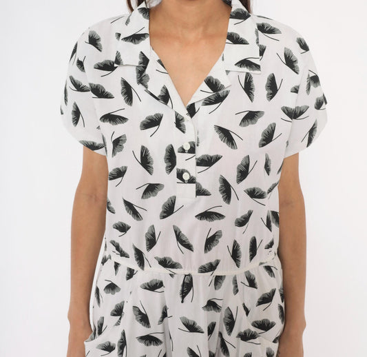 80s Lady Carol Feather Print Shirtdress White Black Cotton Midi Large L