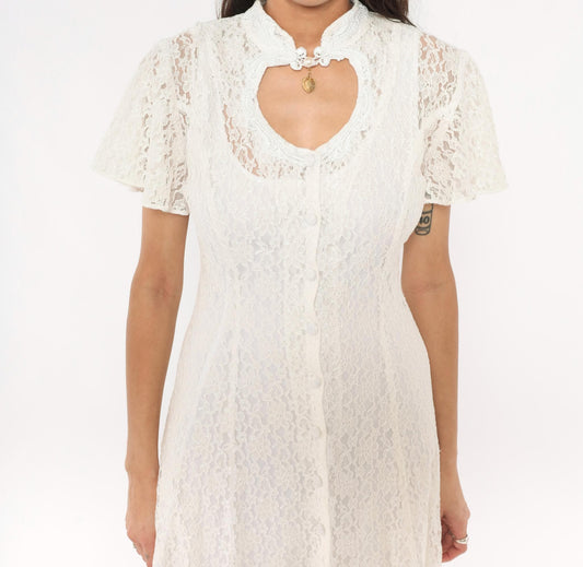90s Jody White Lace Midi Dress Heart Cutout Mandarin Collar Small