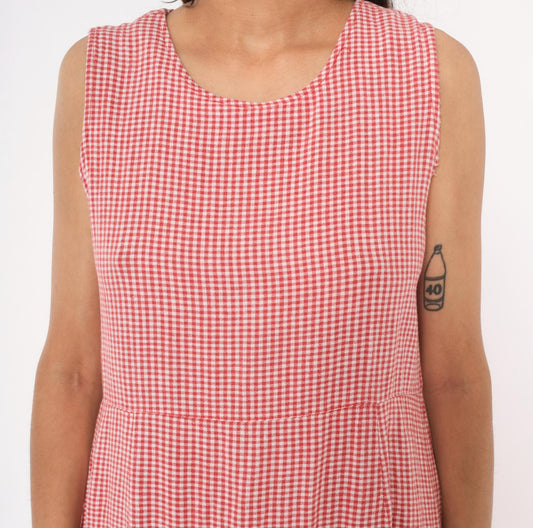 80s Country Wear Gingham Midi Dress Red White Embroidered Scalloped Petite Large