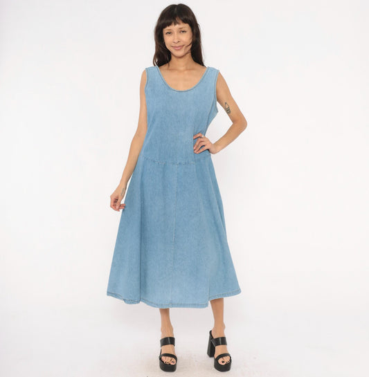 90s Splendid Light Blue Denim Midi Sundress Open Back Medium M