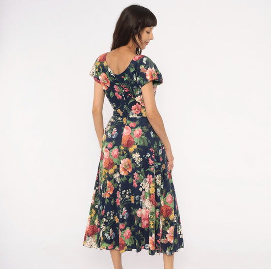 90s E.D. Michaels Floral Midi Dress Navy Cotton Garden Print Scoop Back Small