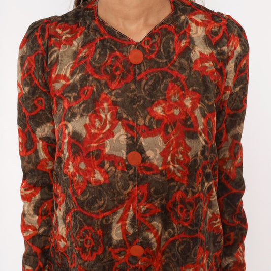 90s Floral Vine Dress Red Brown Scrolling Leaf Print V Neck Puff Shoulder Small S