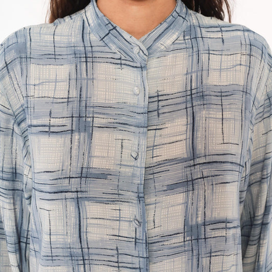 70s Abstract Plaid Blouse Blue Cream Mandarin Collar Button Front Medium