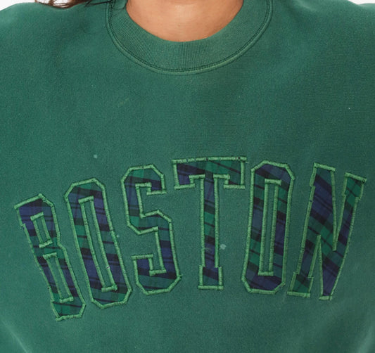 90s Boston Crewneck Sweatshirt Plaid Applique Forest Green Extra Large XL