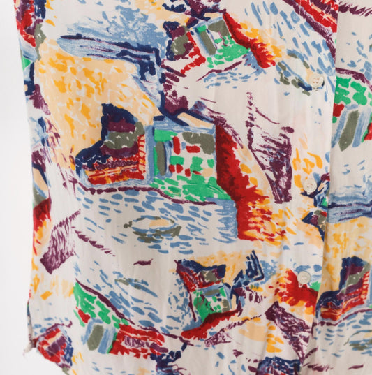 90s Ilio Abstract Painterly Button-Up Blouse Multicolor Camp Collar Medium M