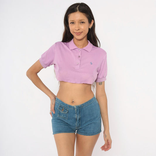90s Lilac Cropped Polo Shirt Embroidered Horse Logo Cotton Small
