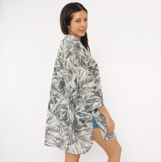90s Cassandra Tropical Leaf Shirt Dress Grey Palm Print Button Front Mini XL