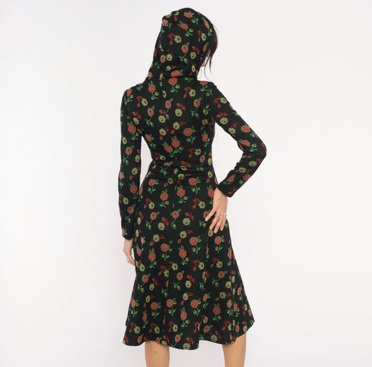 70s Black Hooded Midi Dress Red Rose Floral Print Long Sleeve Extra Small
