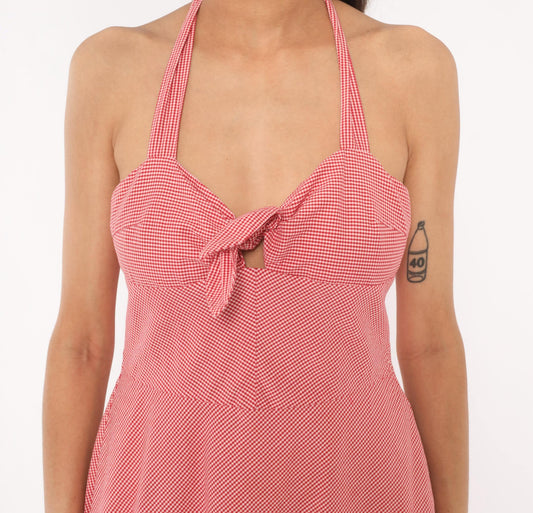 Trina Turk 2000s Gingham Halter Dress Red White Sweetheart Neckline Medium M