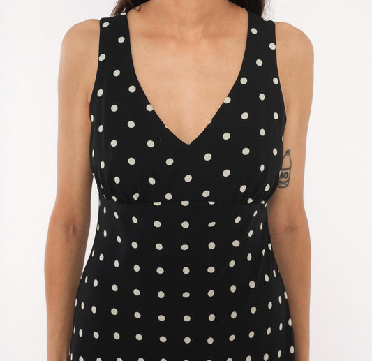 90s Alyn Paige Polka Dot Maxi Dress Black White V Neck Empire Waist Medium M