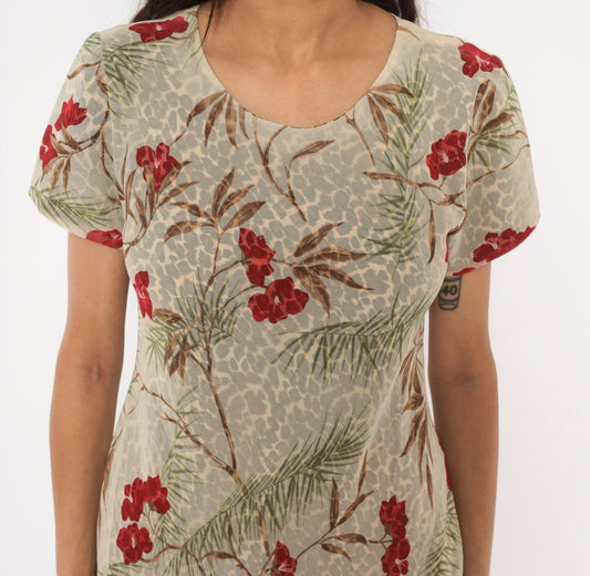 90s Jessica Howard Leopard Floral A-Line Dress Tan Tropical Print Medium M