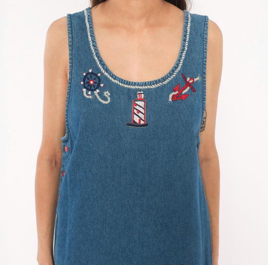90s Keren Hart Nautical Denim Maxi Dress Embroidered Lighthouse Anchor Medium M