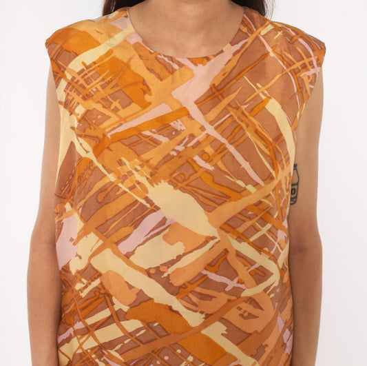 60s Mod Abstract Brushstroke Shift Dress Sleeveless Knee-Length Orange Brown Large L